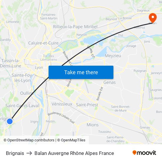Brignais to Balan Auvergne Rhône Alpes France map