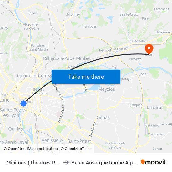 Minimes (Théâtres Romains) to Balan Auvergne Rhône Alpes France map