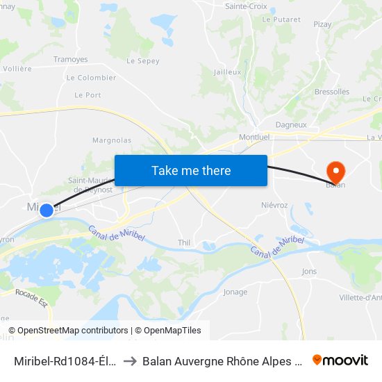 Miribel-Rd1084-Élysée to Balan Auvergne Rhône Alpes France map
