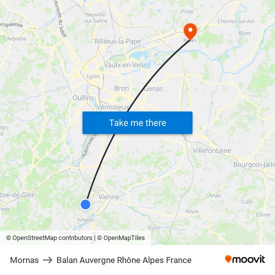 Mornas to Balan Auvergne Rhône Alpes France map