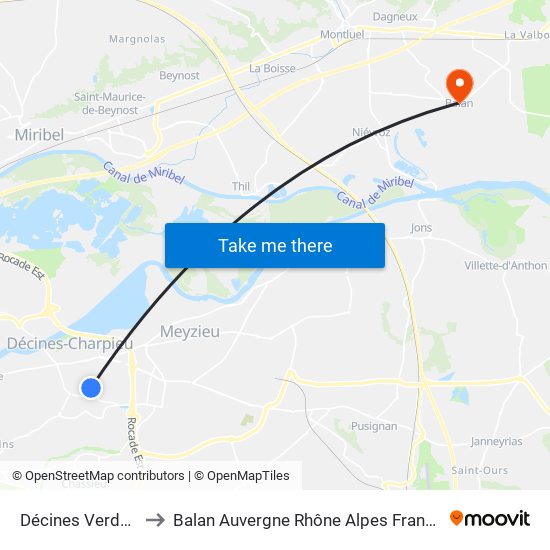Décines Verdun to Balan Auvergne Rhône Alpes France map