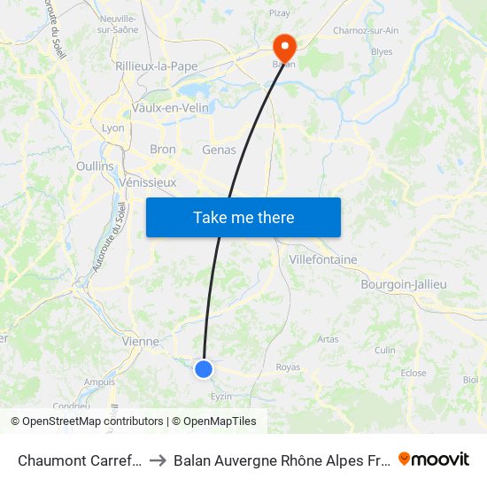 Chaumont Carrefour to Balan Auvergne Rhône Alpes France map