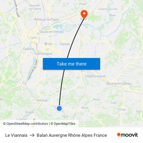 Le Viannais to Balan Auvergne Rhône Alpes France map