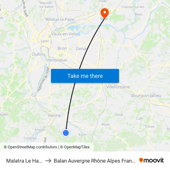 Malatra Le Haut to Balan Auvergne Rhône Alpes France map