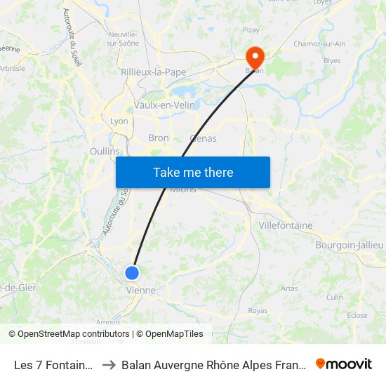 Les 7 Fontaines to Balan Auvergne Rhône Alpes France map