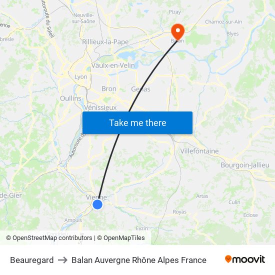 Beauregard to Balan Auvergne Rhône Alpes France map