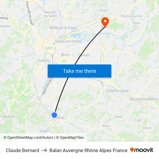 Claude Bernard to Balan Auvergne Rhône Alpes France map