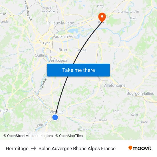 Hermitage to Balan Auvergne Rhône Alpes France map