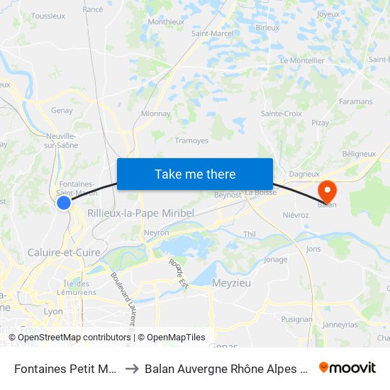 Fontaines Petit Moulin to Balan Auvergne Rhône Alpes France map