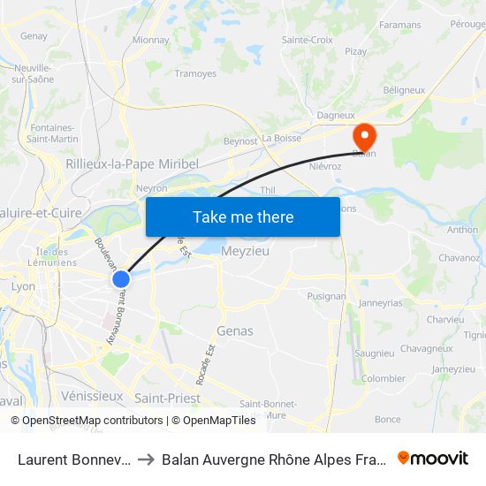 Laurent Bonnevay to Balan Auvergne Rhône Alpes France map