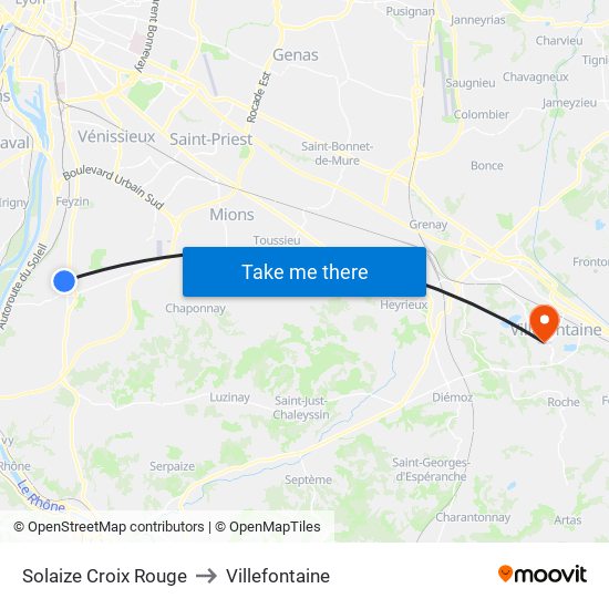 Solaize Croix Rouge to Villefontaine map