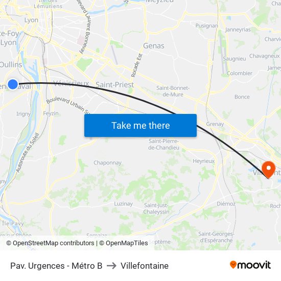 Pav. Urgences - Métro B to Villefontaine map