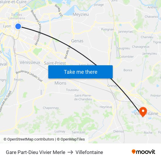 Gare Part-Dieu Vivier Merle to Villefontaine map