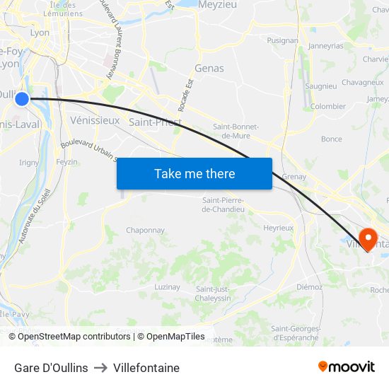 Gare D'Oullins to Villefontaine map