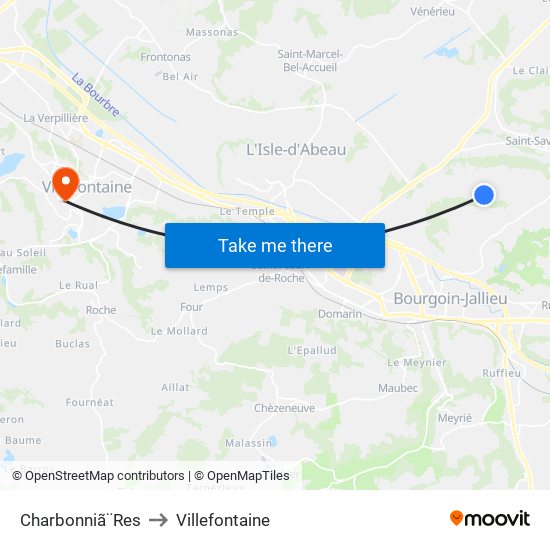 Charbonniã¨Res to Villefontaine map