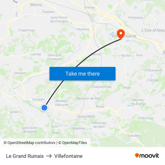 Le Grand Ruinais to Villefontaine map