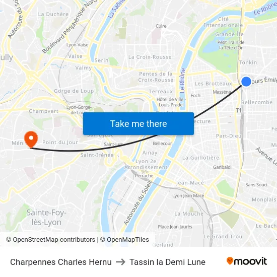 Charpennes Charles Hernu to Tassin la Demi Lune map