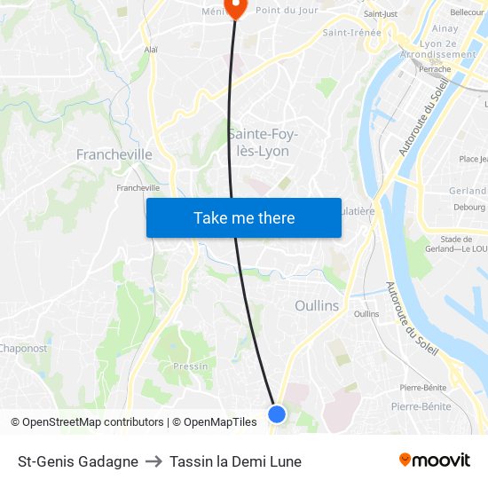 St-Genis Gadagne to Tassin la Demi Lune map