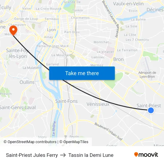 Saint-Priest Jules Ferry to Tassin la Demi Lune map