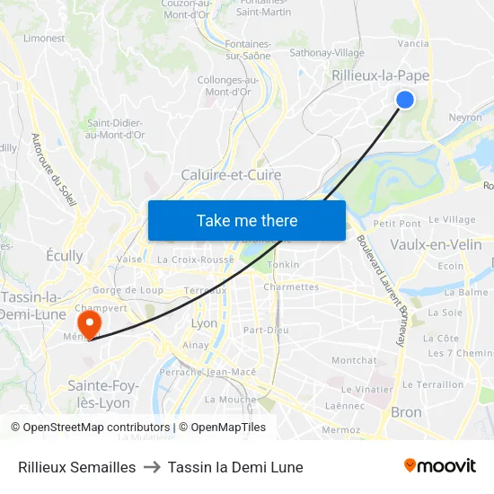 Rillieux Semailles to Tassin la Demi Lune map