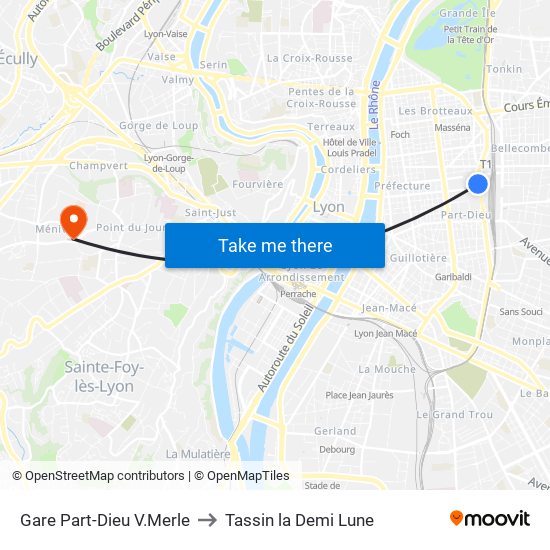 Gare Part-Dieu V.Merle to Tassin la Demi Lune map