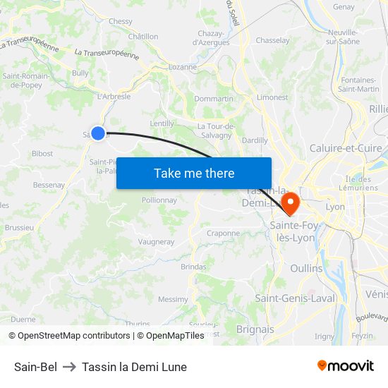 Sain-Bel to Tassin la Demi Lune map