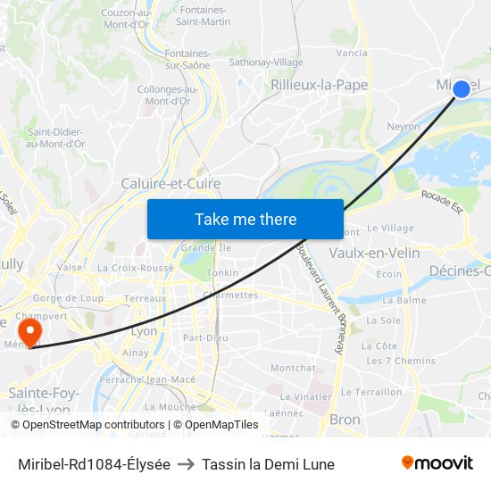 Miribel-Rd1084-Élysée to Tassin la Demi Lune map