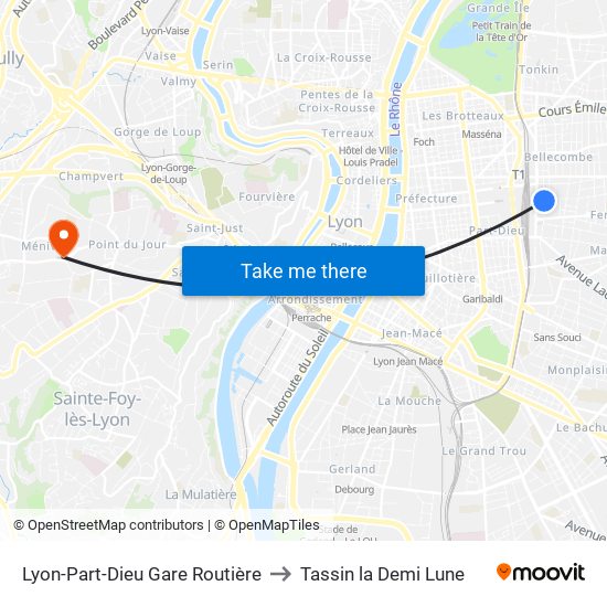 Lyon-Part-Dieu Gare Routière to Tassin la Demi Lune map