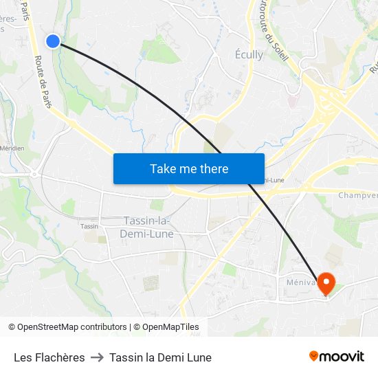 Les Flachères to Tassin la Demi Lune map