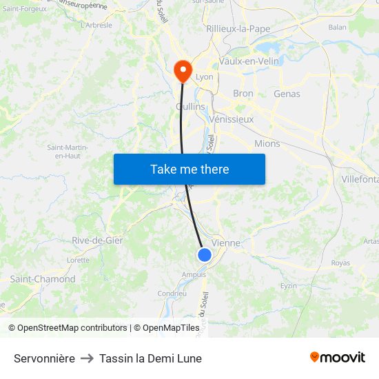 Servonnière to Tassin la Demi Lune map