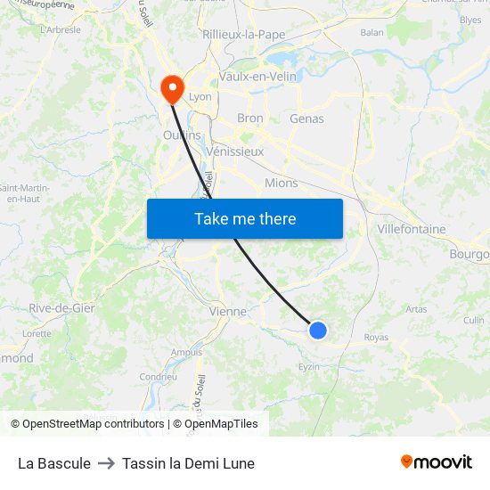 La Bascule to Tassin la Demi Lune map