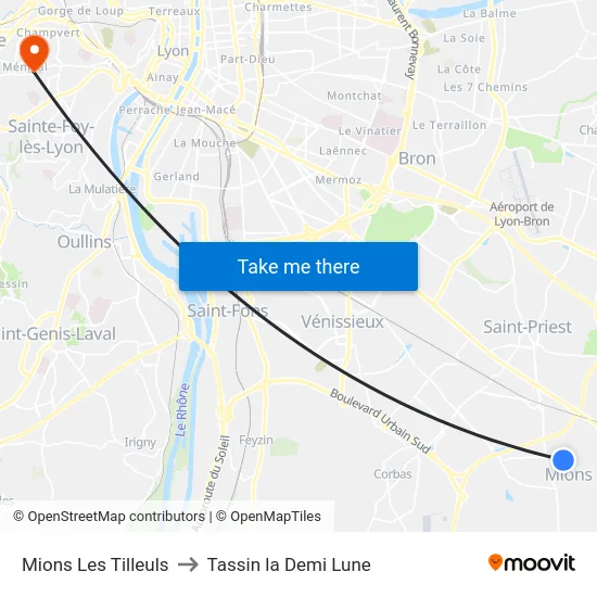 Mions Les Tilleuls to Tassin la Demi Lune map