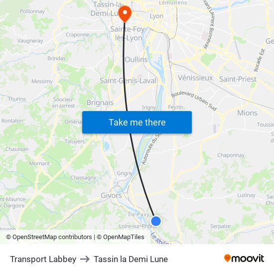 Transport Labbey to Tassin la Demi Lune map