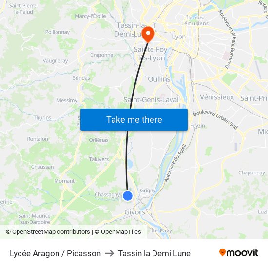 Lycée Aragon / Picasson to Tassin la Demi Lune map