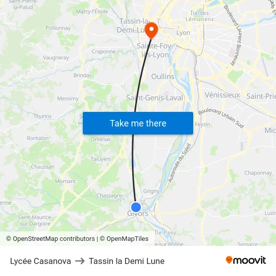 Lycée Casanova to Tassin la Demi Lune map