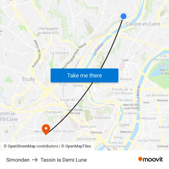 Simondan to Tassin la Demi Lune map