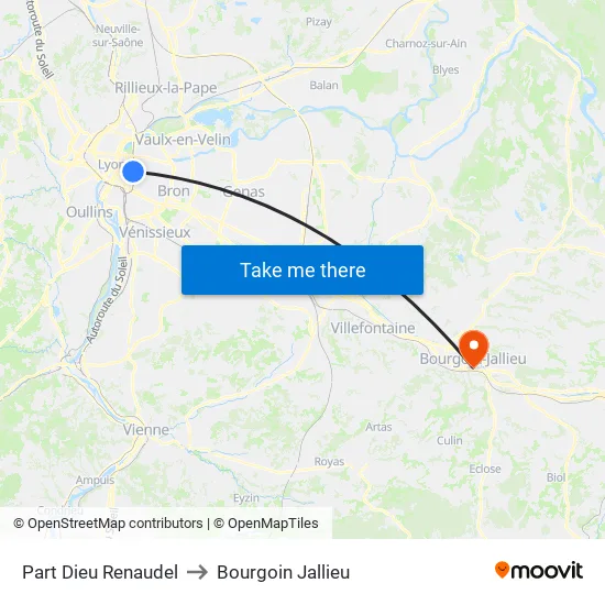 Part-Dieu Renaudel to Bourgoin Jallieu map