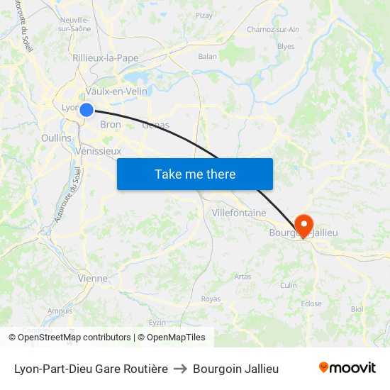 Lyon-Part-Dieu Gare Routière to Bourgoin Jallieu map