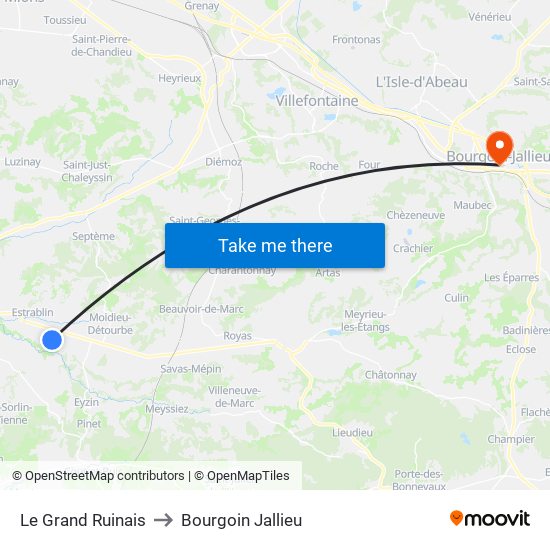 Le Grand Ruinais to Bourgoin Jallieu map