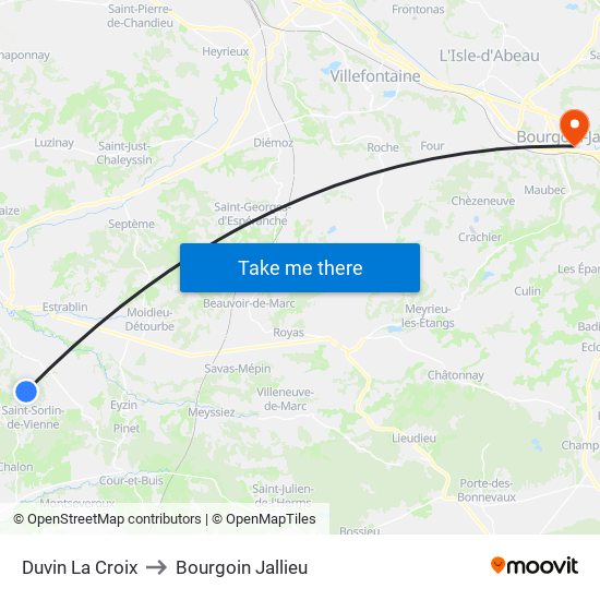 Duvin La Croix to Bourgoin Jallieu map