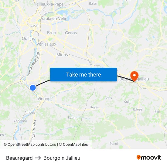 Beauregard to Bourgoin Jallieu map