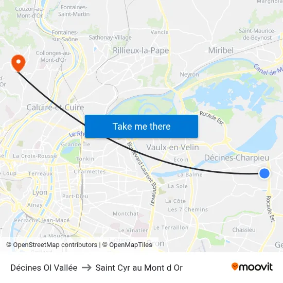 Décines Ol Vallée to Saint Cyr au Mont d Or map