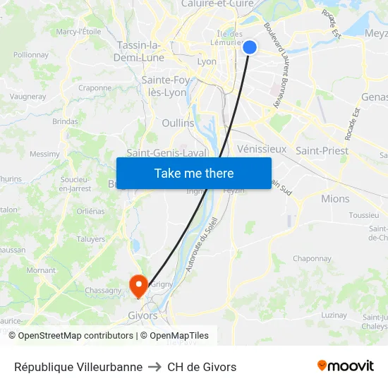 République Villeurbanne to CH de Givors map