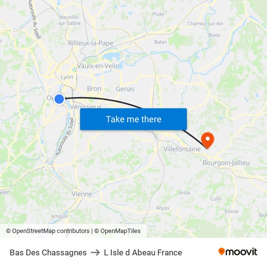 Bas Des Chassagnes to L Isle d Abeau France map