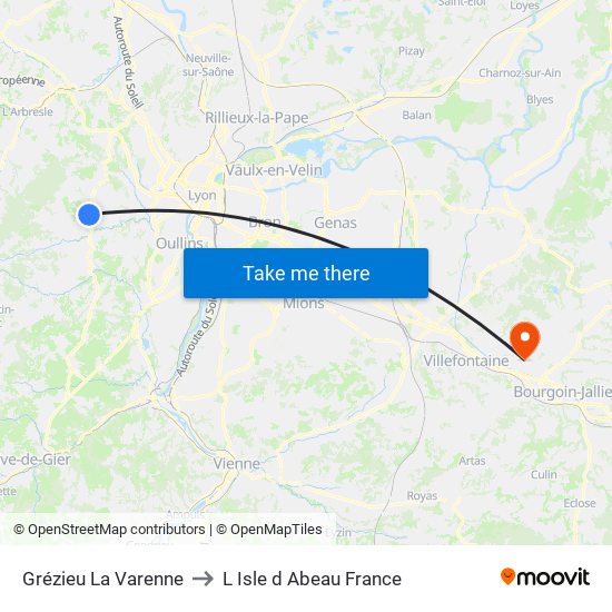 Grézieu La Varenne to L Isle d Abeau France map