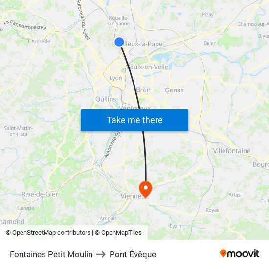 Fontaines Petit Moulin to Pont Évêque map