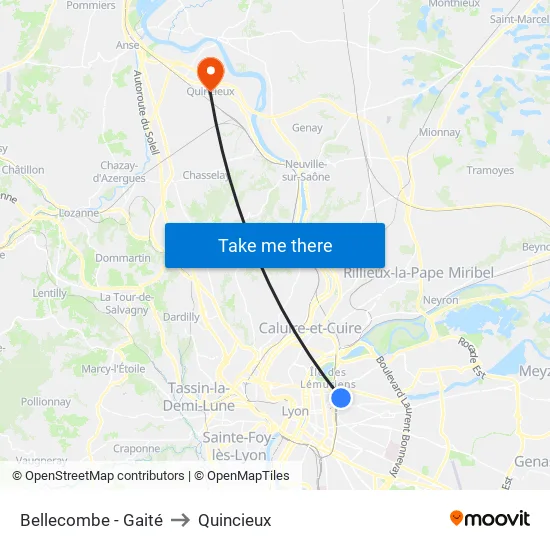 Bellecombe - Gaité to Quincieux map