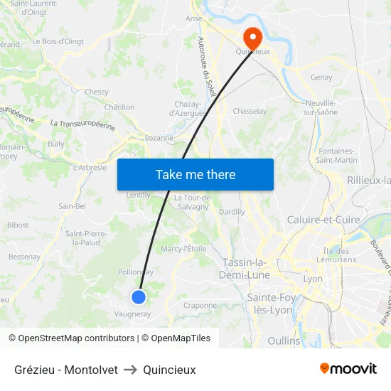 Grézieu - Montolvet to Quincieux map