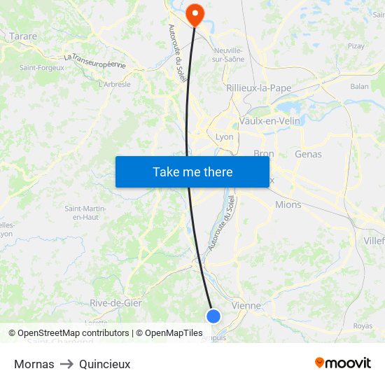 Mornas to Quincieux map