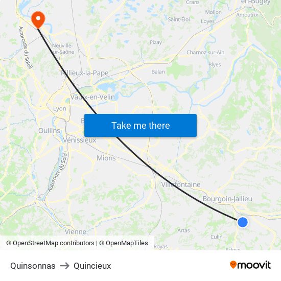 Quinsonnas to Quincieux map